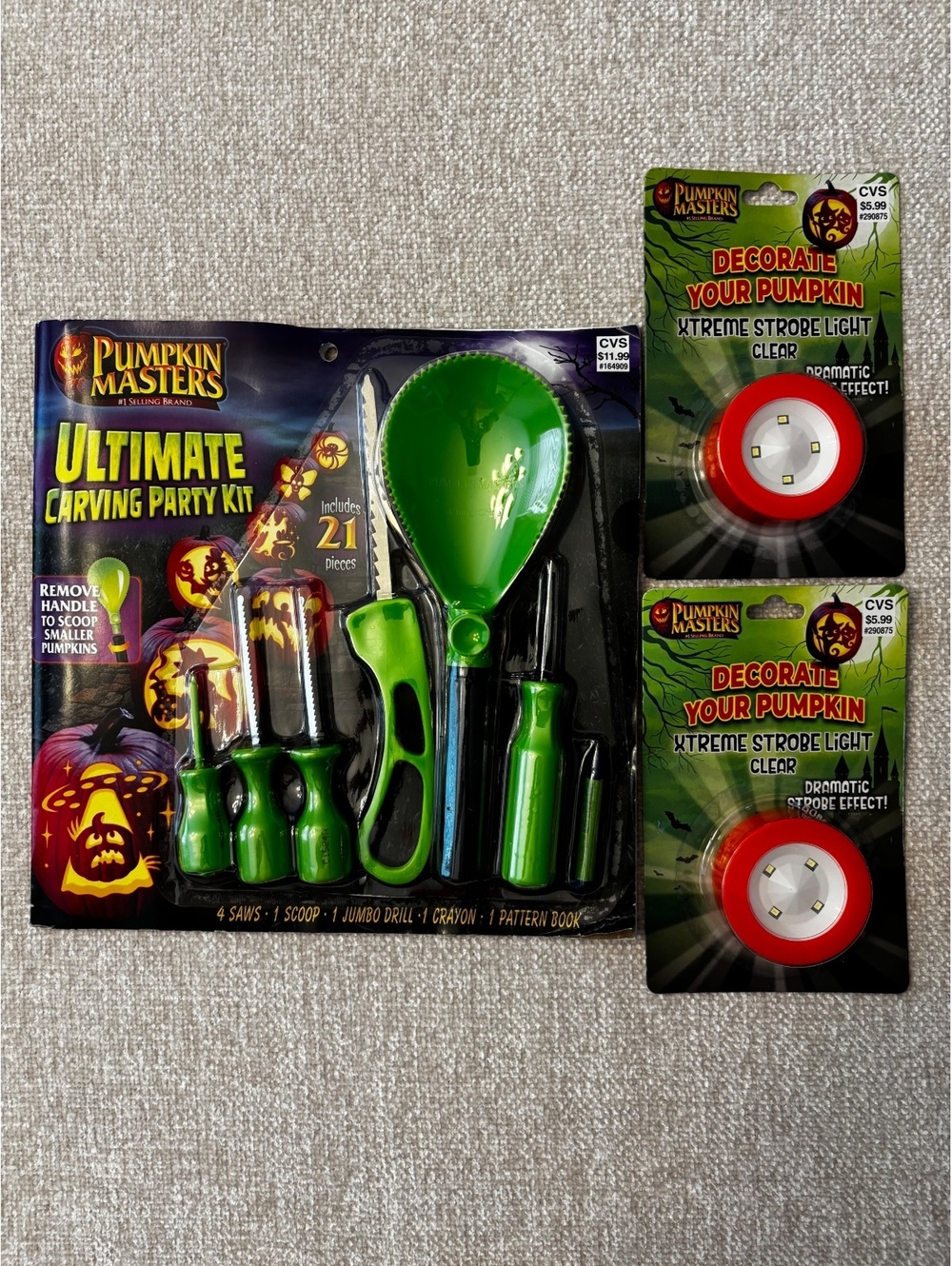 Halloween Pumpkin Jack-o-Lantern Carving Bundle Carving Kit & 2 Strobe Lights